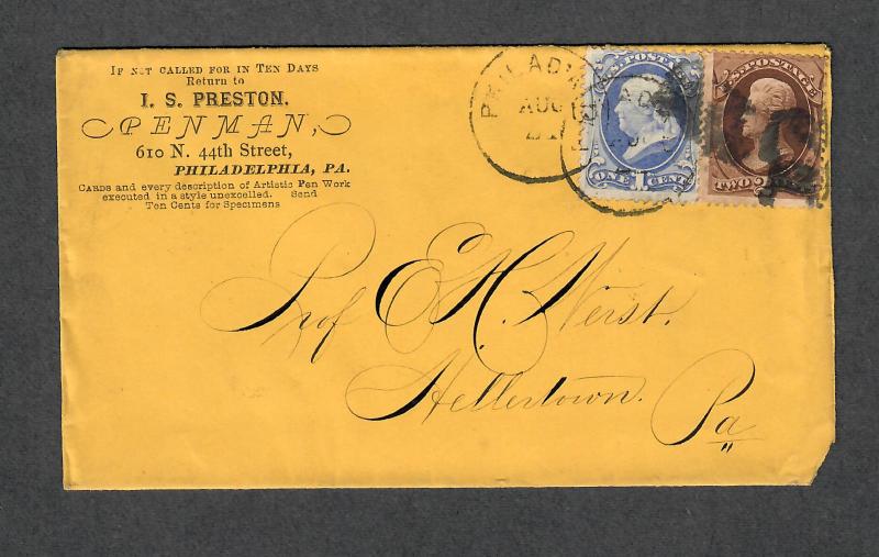 US Sc#134+146 On Adv Cover Preston Penman Philly, Crowe Cert