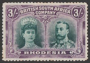 RHODESIA 1910 KGV Double Head 3/- bright green & magenta, with Certificate.