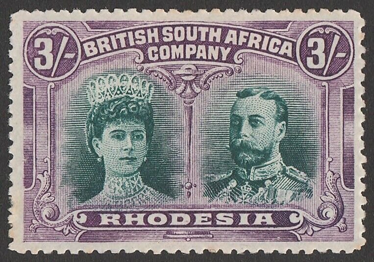 RHODESIA 1910 KGV Double Head 3/- bright green & magenta, with Certificate.