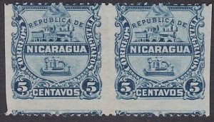 NICARAGUA 1890 Train/ Ship 5c pair IMPERF VERTICALLY.......................A2540