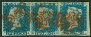 SG 6 1840 2d pale blue plate 1 horizontal strip of 3. Very fine used with...