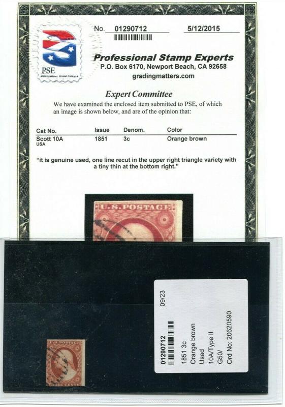 #10A  1851 Washington ORANGE BROWN  with PSE cert  cv$160.00