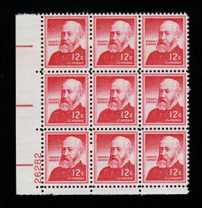 U.S. PLATE BLOCK OF 9 SCOTT #1045 BENJAMIN HARRISON 12¢ MNH-OG 1959