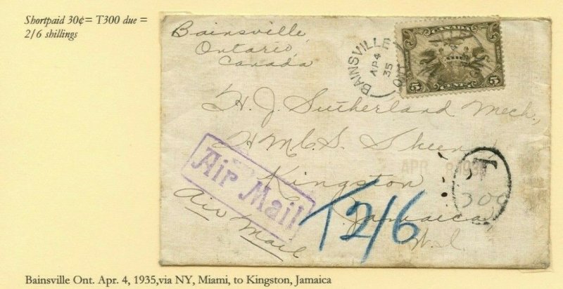 FAM 5 Scarce CANAL ZONE short-paid T300c Ext.via CUUUBA postage due cover Canada