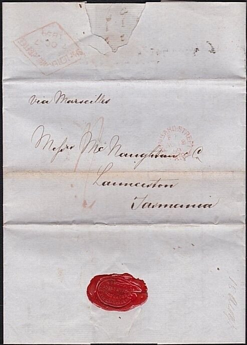 GB TO TASMANIA 1859 folded letter - SHIP LETTER arrival datestamp..........B4400