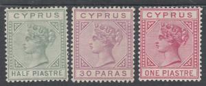 CYPRUS 1892 QV 30PA 1/2PI AND 1PI WMK CROWN CA DIE II 