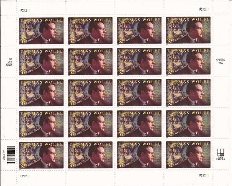 US Stamp - 2000 Novelist Thomas Wolfe - 20 Stamp Sheet - Scott #3444