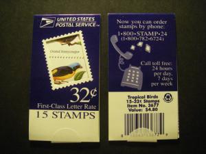 BK272, Scott 3222-5, 32c Tropical Birds, Makeshift MDI booklet, LL pos, MNH