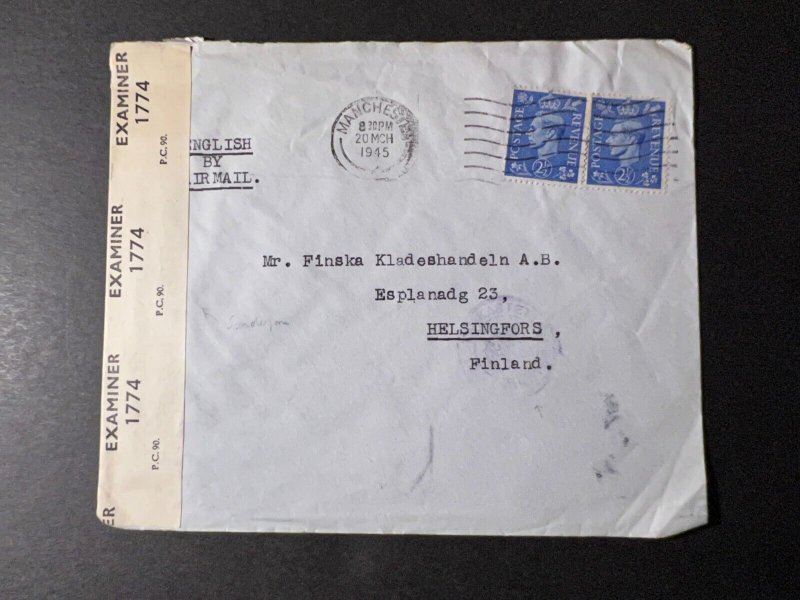 1945 Censored England Airmail Cover Manchester to Helsinki Helsingfors Finland