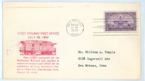 US 838 1938 3c Iowa Territory Centennial on an typed addressed FDC with a Burlington Railroad cachet.