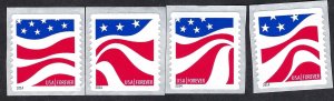 United States #4894-97 Forever (49¢) Red, White, and Blue.  Four coil singles.