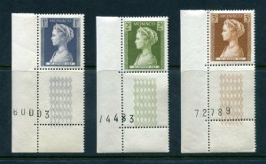 x162 - MONACO 1957 Princess Grace Three Values. Corner Tabs. MNH