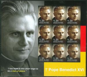 UNION ISLAND  2014 POPE BENEDICT XVI SHEET  I OF NINE   IMPERFORATE MINT NH