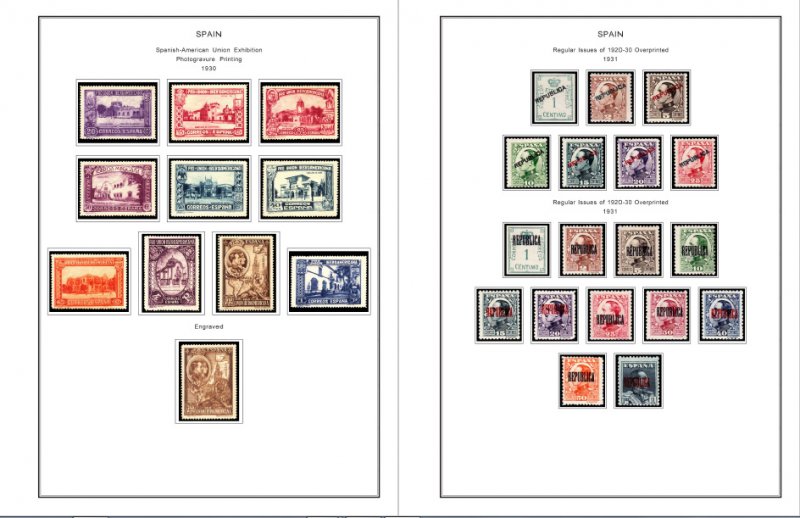 COLOR PRINTED SPAIN 1850-1940 STAMP ALBUM PAGES (42 illustrated pages)