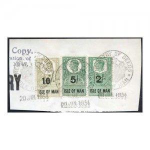 Isle of Man KGVI 10/- 5/- and 2/- Key Plate Type Revenues CDS on Piece