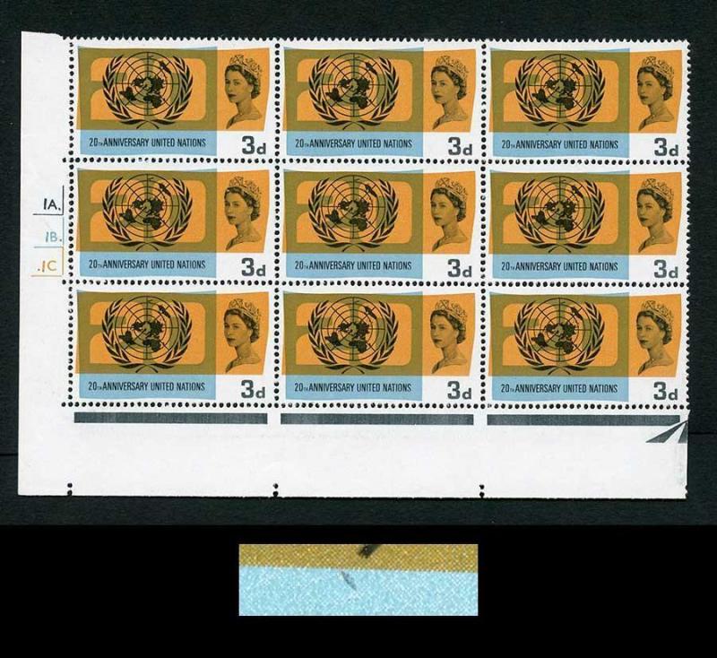 Spec W77d 1965 3d United Nations with Retouch (R18/3) Cyl Block of 9 U/M