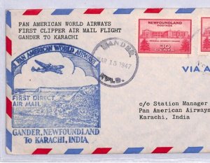 Canada NEWFOUNDLAND Air PAN-AM CLIPPER FIRST FLIGHT Cover Gander INDIA 1947 YN11