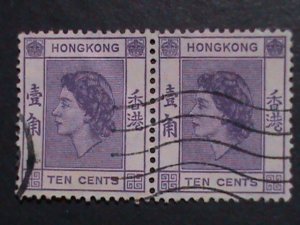 ​HONG KONG-1954 SC#186- 68 YEARS OLD-QUEEN ELIZABETH II USED PAIR-FANCY CANCEL