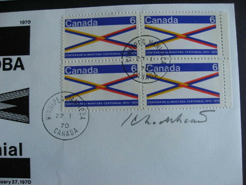 Bileski CANADA 12 Manitoba Centennial covers,1 signed by Premier,1 by Designer 