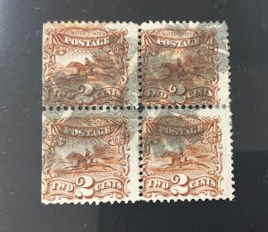 # 113  used block of 4 1869 Pony Express , very scarce cv. $1,350