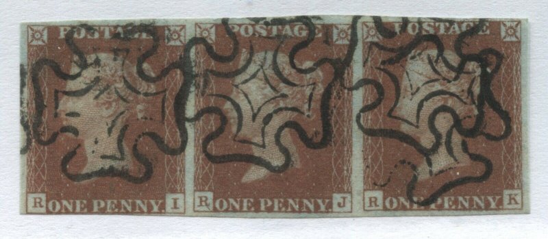 1841 Penny Red Plate 21 RI-RK lovely strip of 3 with choice black MX cancels. 