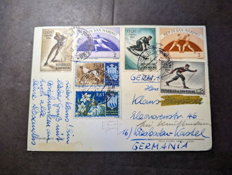 1957 San Marino Olympics RPPC Postcard Cover to Wiesbaden Germany