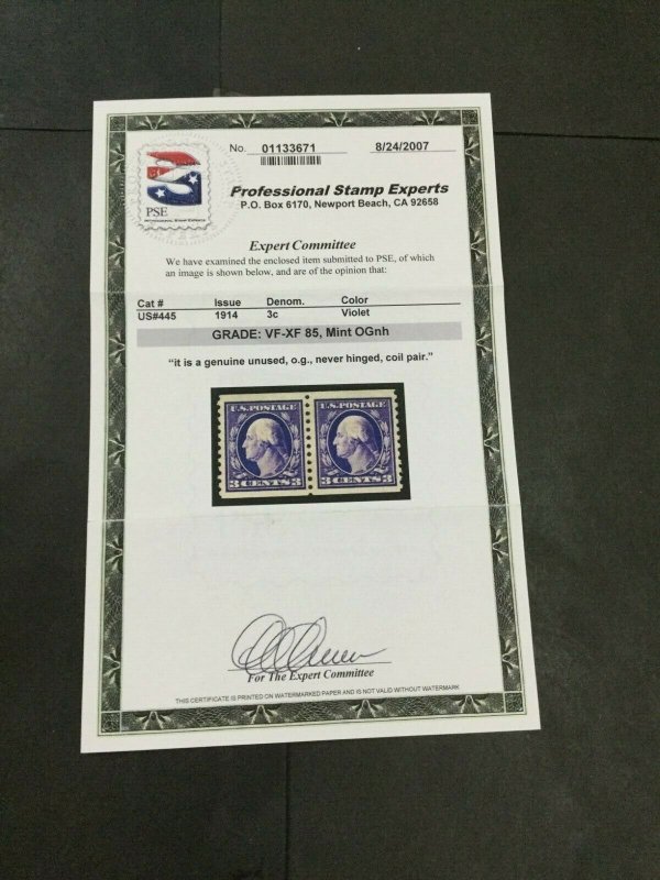 MOMEN: US STAMPS #445 COIL PAIR MINT OG NH PSE GRADED CERT VF/XF-85