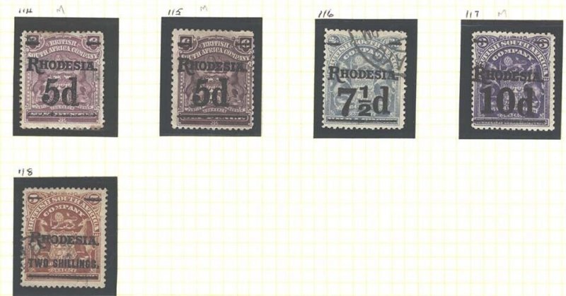 Rhodesia 1909 Surcharges 2x 5d/6d shades av mint, 10d f mint, 7½d, 5s fu sg114