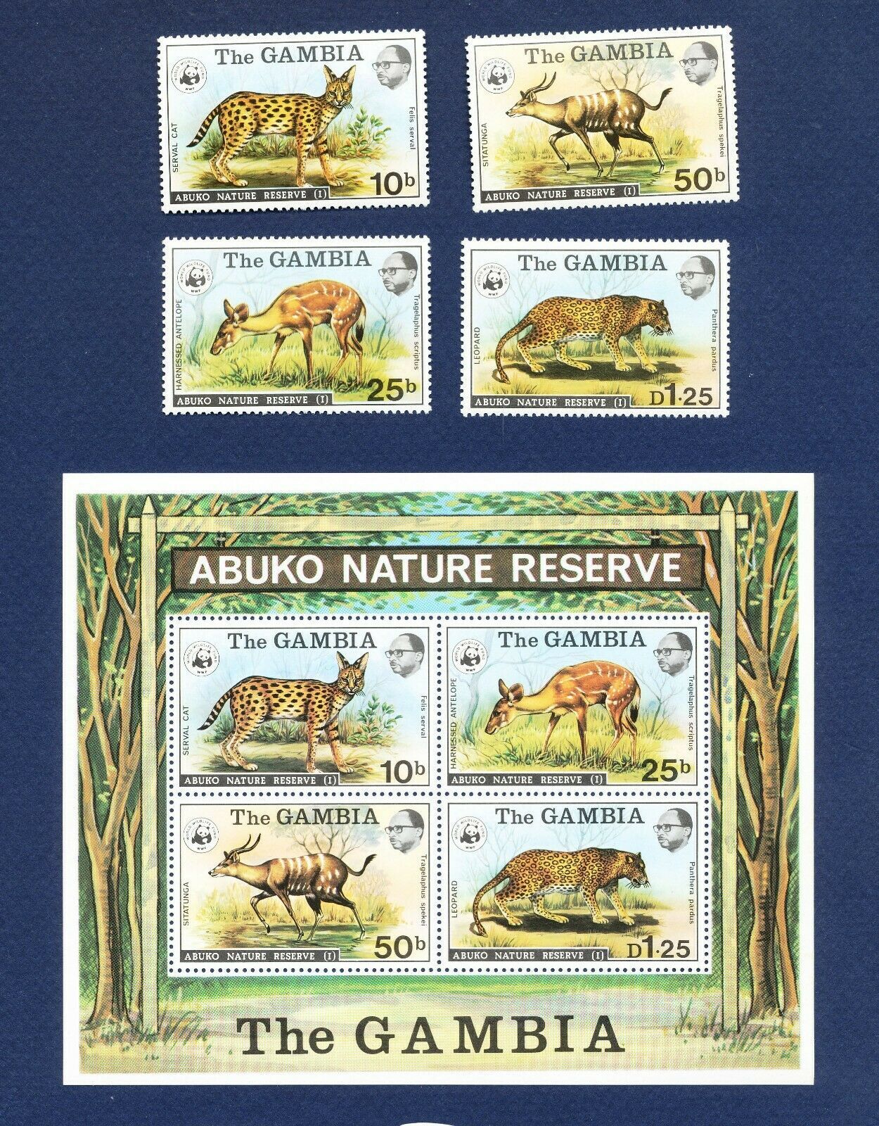 GAMBIA - Scott 341-344 LH & 344a FVF MNH S/S - Serval Cat, Abuko Nature