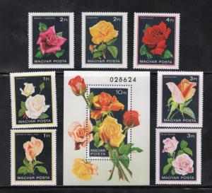 HUNGARY Sc# 2735 - 2742 MNH FVF Set-7 + Souvenir Sht Roses Flowers