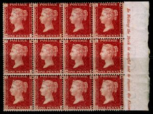 SG44, 1d lake-red p170, NH MINT. Cat £660++. BLOCK OF 12. MARGINAL INSCRIPTIONS.