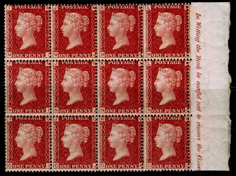 SG44, 1d lake-red p170, NH MINT. Cat £660++. BLOCK OF 12. MARGINAL INSCRIPTIONS.