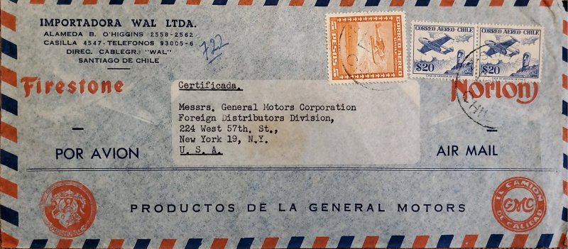 J) 1956 CHILE, AIRPLANE, GENERAL MOTORS CORPORATION, FIRESTONE, REGISTERED AND C