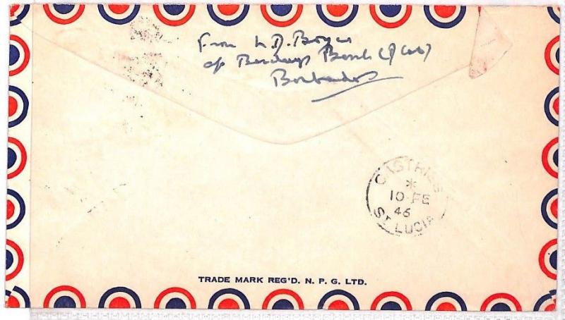 BN170 1946 Barbados 4d Rate Commercial Airmail Cover St.Lucia BANKING