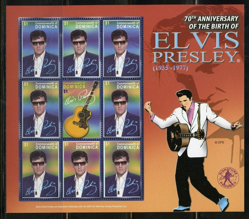 DOMINICA 70th BIRTH ANNIVERSARY ELVIS PRESLEY SHEET OF NINE  MINT NH  