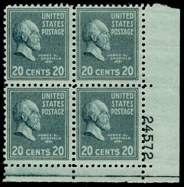 US #825 PLATE BLOCK, SUPERB mint never hinged, post office fresh,  20c Garfie...