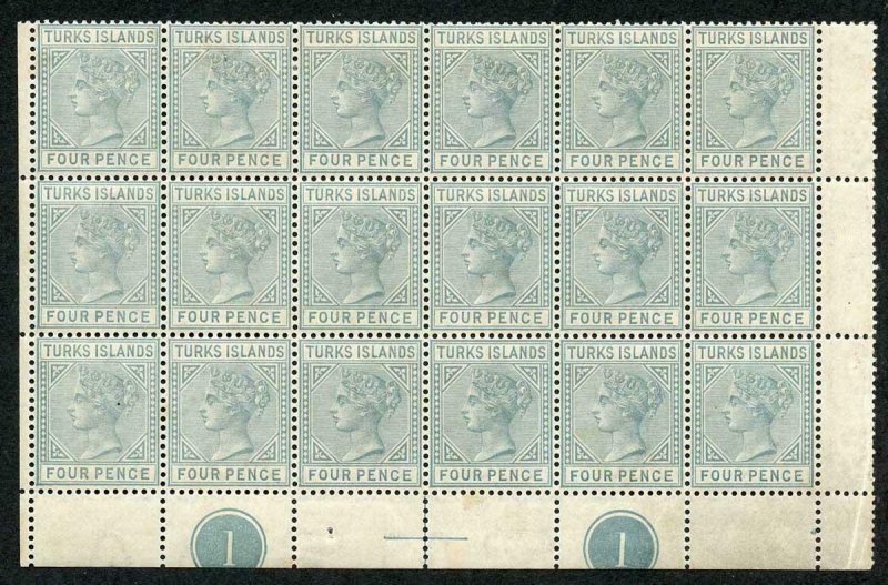 Turks and Caicos SG57 1882-85 4d grey Plate Block of 18 RARE and Impressive Item