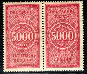 GERMANY Revenue Stamp Pair{2} 5,000 Mark *Statistische gebühr*Mint MM GR2WHITE35