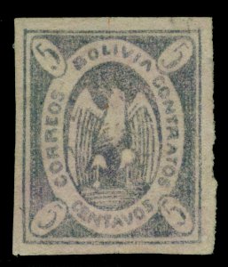 BOLIVIA 1868  CONDOR  5c violet lilac  Scott # 3 used VF-XF