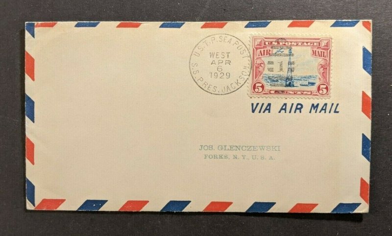 1929 SS President Jackson USTP Sea Post Airmail Cover to Forks New York