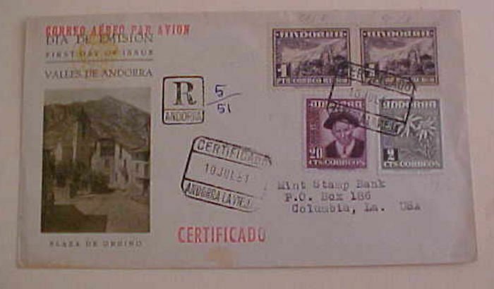 SPAIN  ANDORRA FDC 1951 REGISTERED TO USA  CACHET ADDRESSED