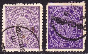 India Travancore Scott 4, two shades, F to VF used.