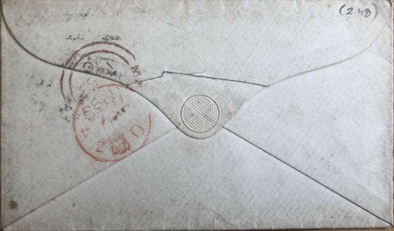 GB QV 1853 COVER PENNY RED 1d IMPERF 'RE & RF’ CANCEL 506 TO LONDON DT 03RD JUNE