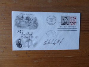 1960 25 C Air Mail Stamp USA FDC with Charles Lindbergh preprint autograph