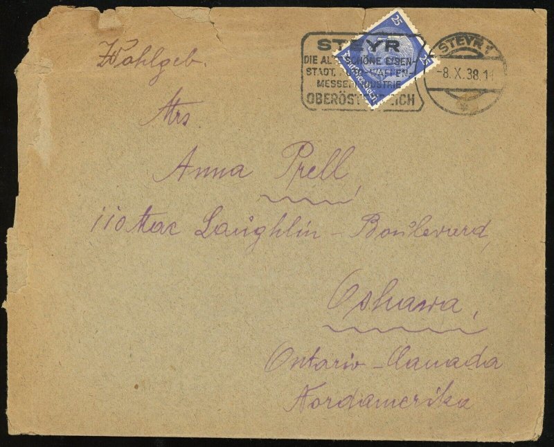 Austria Steyr 1938 German Occupation Cover Two Letters to Canada 25pf Postage