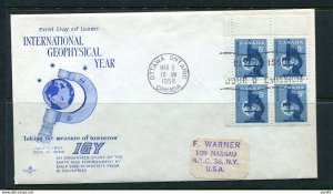 Canada 1958 FDC corner Block of 4 Intl Geophysical Year 12698