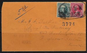 US 1891 Sc 220 & 226 TIED BY LYNN MASS RARE OVAL CANCEL & REGISTERED MARKING IN