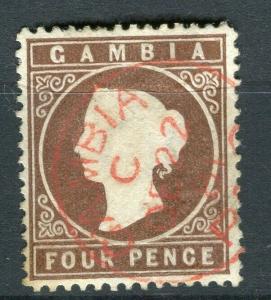 GAMBIA; 1886 early classic QV Crown CA issue fine used 4d. value, Postmark