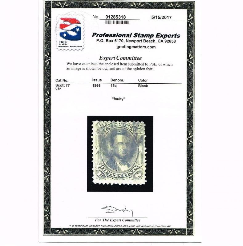 AFFORDABLE GENUINE SCOTT #77 USED 15¢ 1866 BLACK PSE CERT - ESTATE CLOSE OUT 