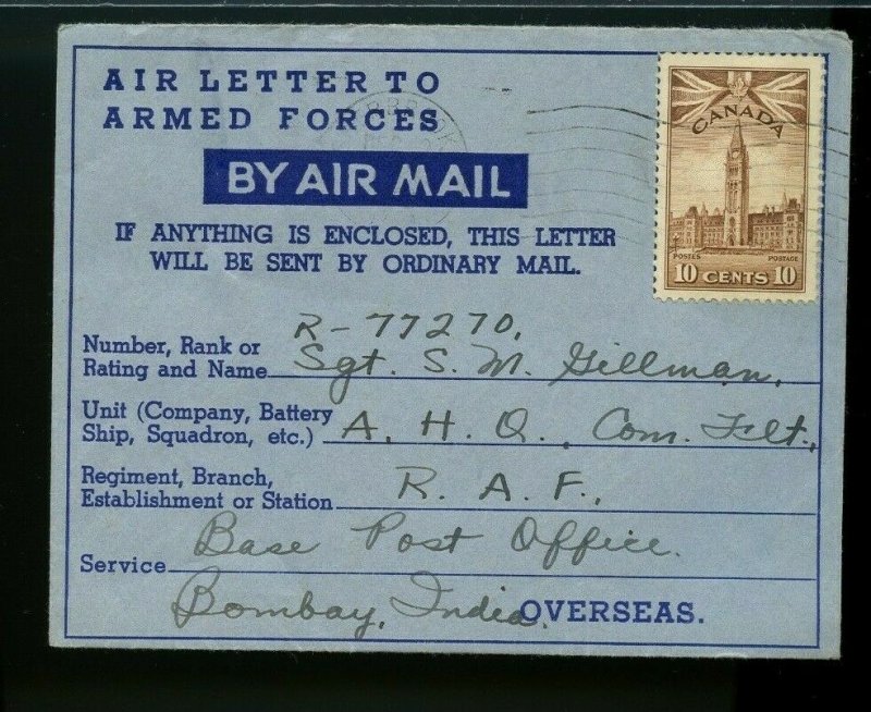 AIR LETTER to INDIA, war issue with receiver  Canada